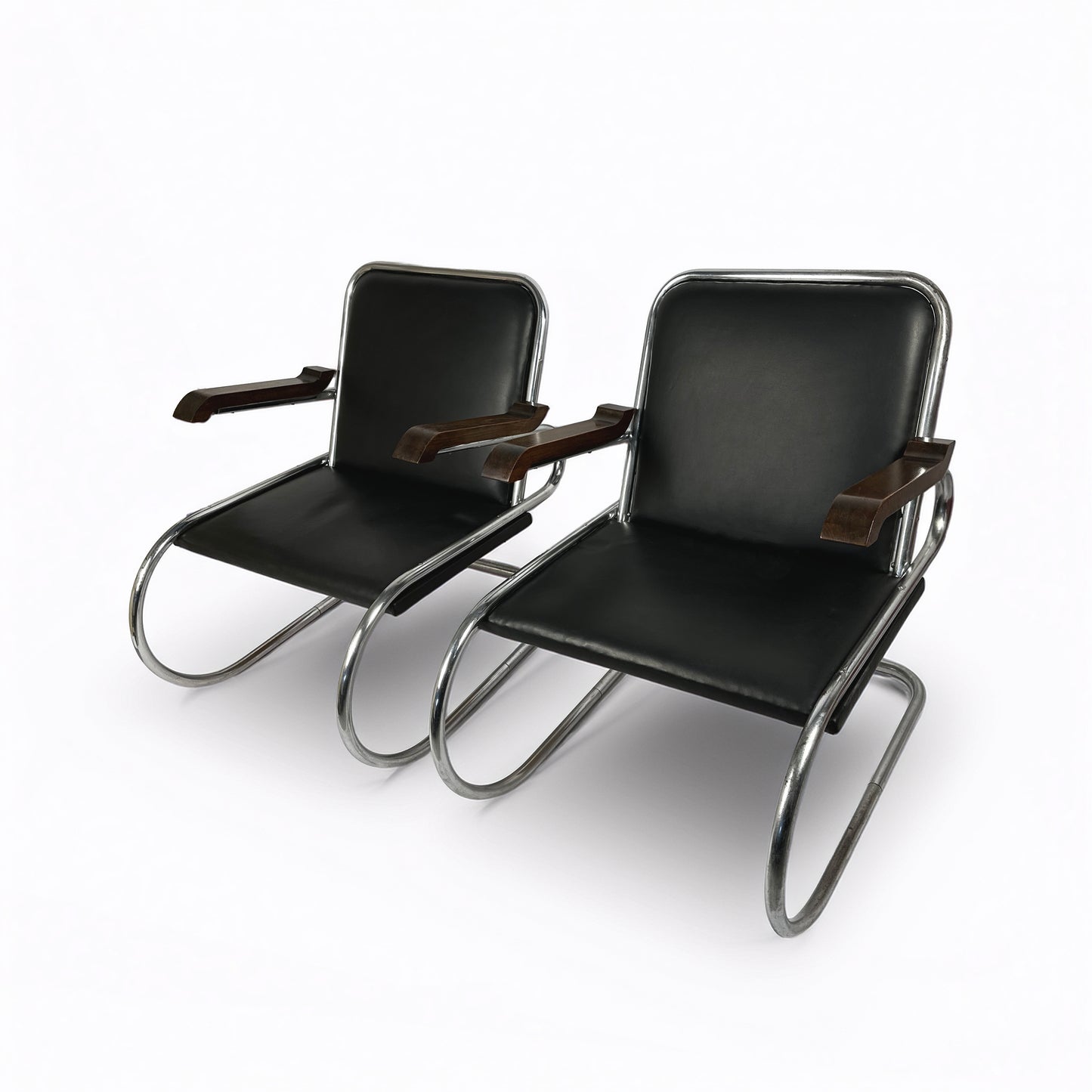 Pair of 1930s - 40s Bauhaus Cantilever Armchairs – Tubular Steel, Wooden Armrests