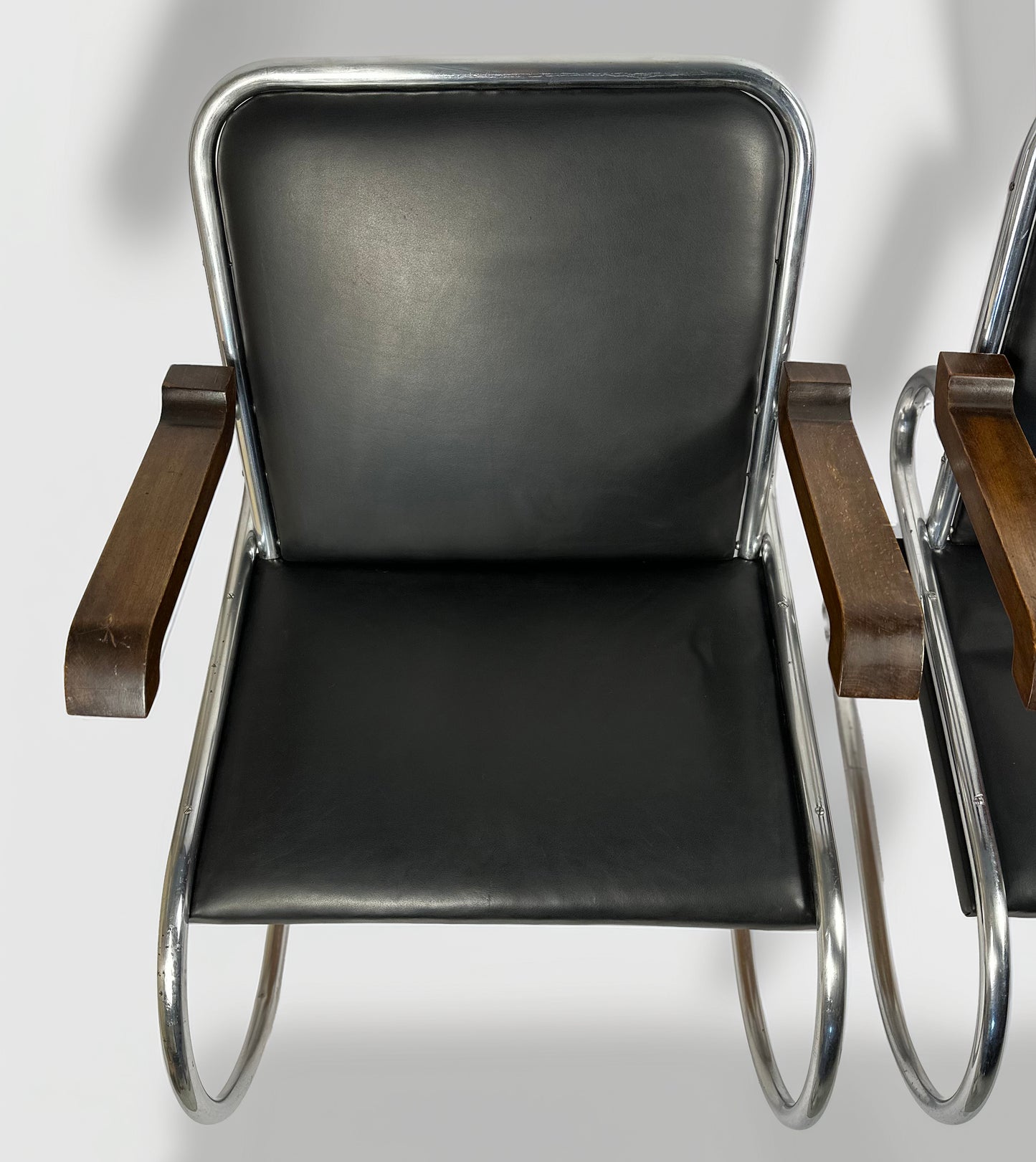 Pair of 1930s - 40s Bauhaus Cantilever Armchairs – Tubular Steel, Wooden Armrests