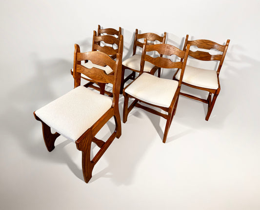 Set of 6 Belgian Brutalist Oak Dining Chairs, 1970s