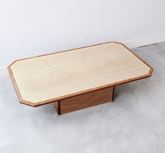 1970s Travertine Coffee Table with Pink Marble Edges