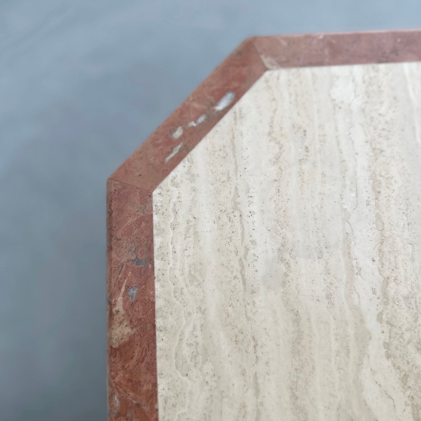 1970s Travertine Coffee Table with Pink Marble Edges